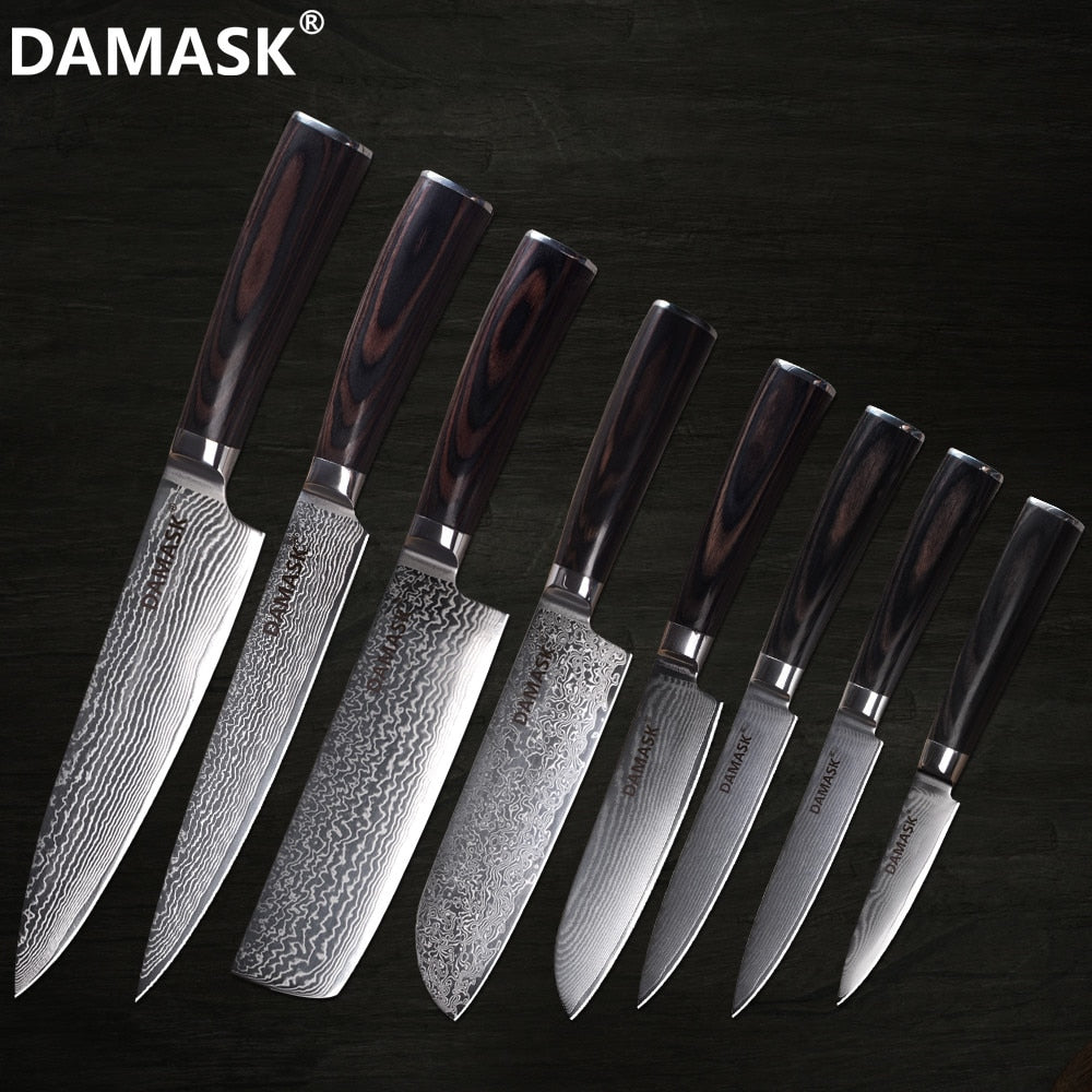 DAMASK Popular 8 PCS Set Damascus Kitchen Knife Set VG10 Japan Damascus Steel Chef Knive Set Utility Restaurant Cooking Tool