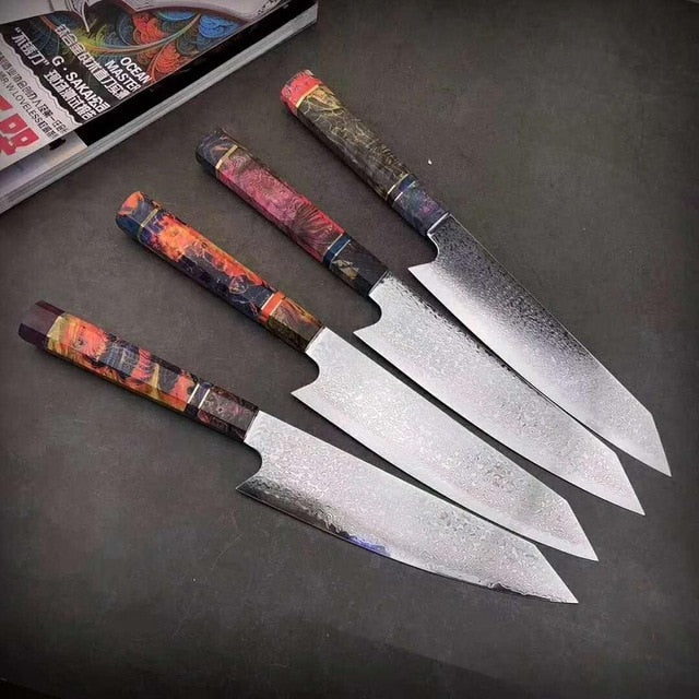 Damascus Steel Chef Knife Japanese Santoku Utility Knives Sharp Cleaver Slicing Steak kitchen knife Stabilized Wooden Handle