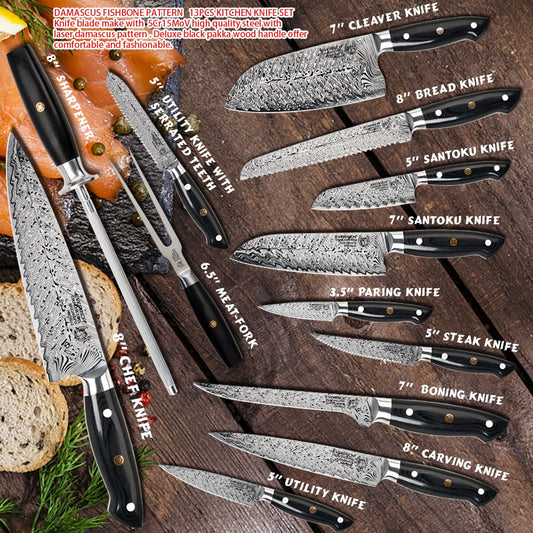 Everrich Kitchen Knife Set Stainless Steel Blades Damascus Laser Chef Knife Santoku Utility Paring Cooking Tools kitchen Knives