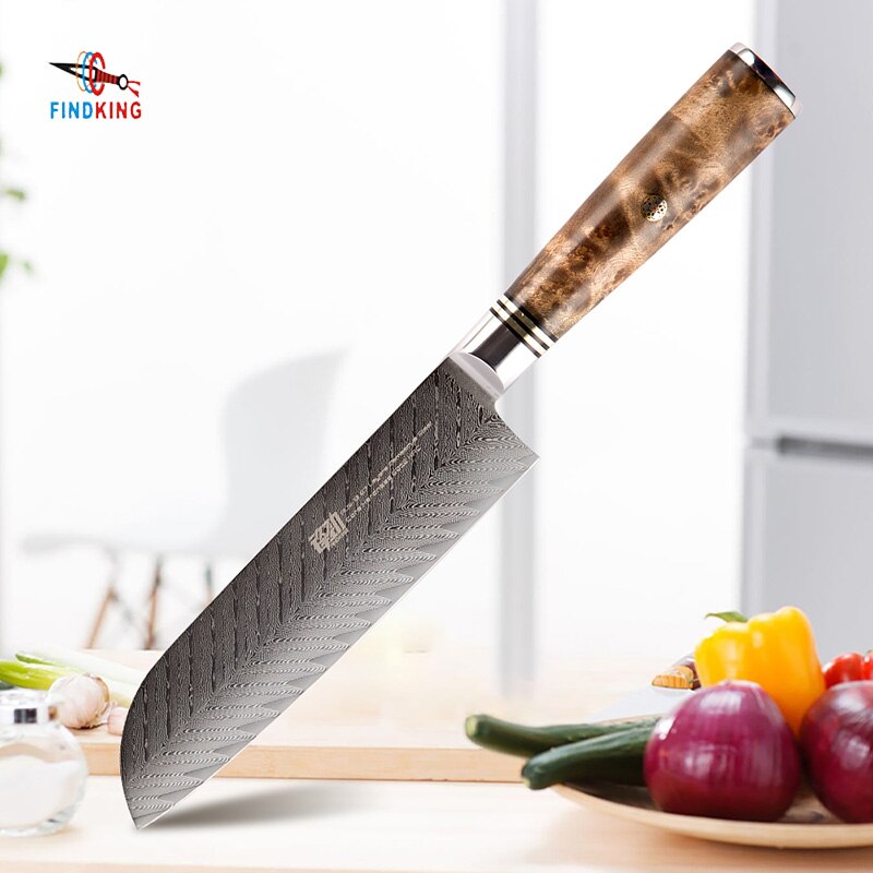 FINDKING AUS-10 damascus steel Sapele wood handle arrow pattern damascus knife 7 inch Santoku knife 67 layers  kitchen knives