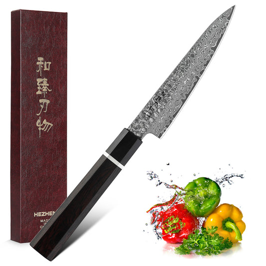 HEZHEN 5 inch Utility Knife Japanese VG10 Damascus Steel Kitchen Knives Paring Peeling Knife with Ebony wood+Buffalo Horn Handle