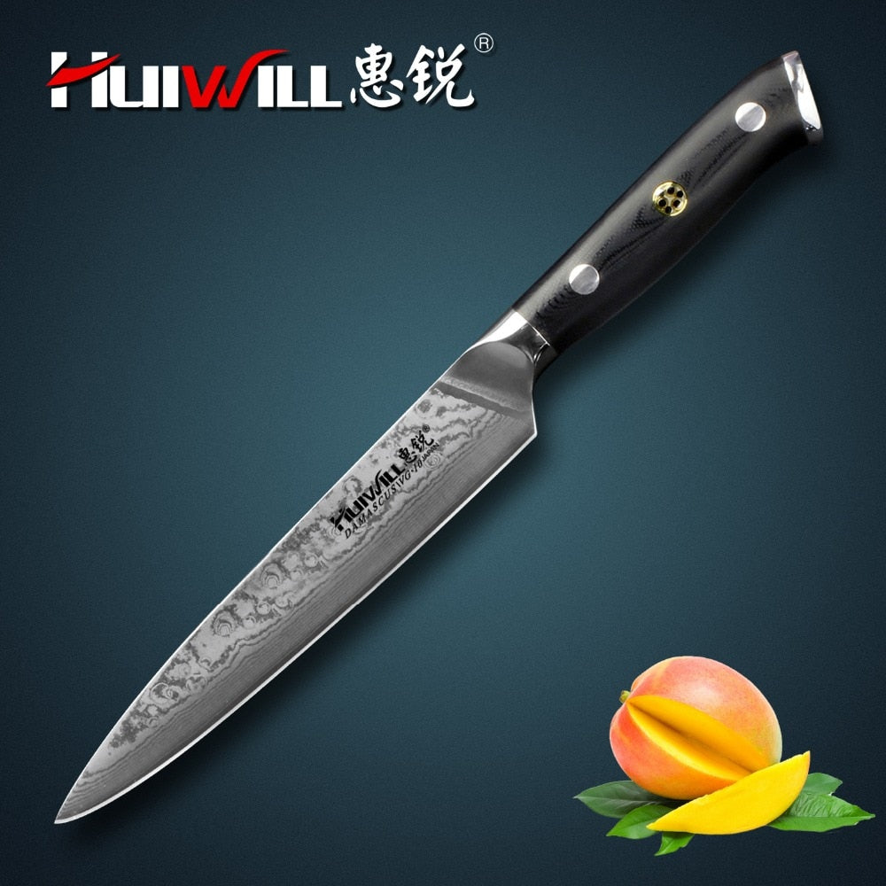 Huiwill high quality Japanese VG10 Damascus stainless steel 6"kitchen Utility paring chef knife kitchen with Mosaic Rivet
