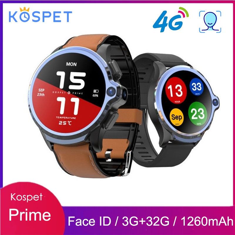 KOSPET Prime 4G Smart Watch1.6 inch 1260mAh Battery Face ID Unlock 3GB 32GB Dual Camera GPS/GLONASS Android Watch Phone for Men