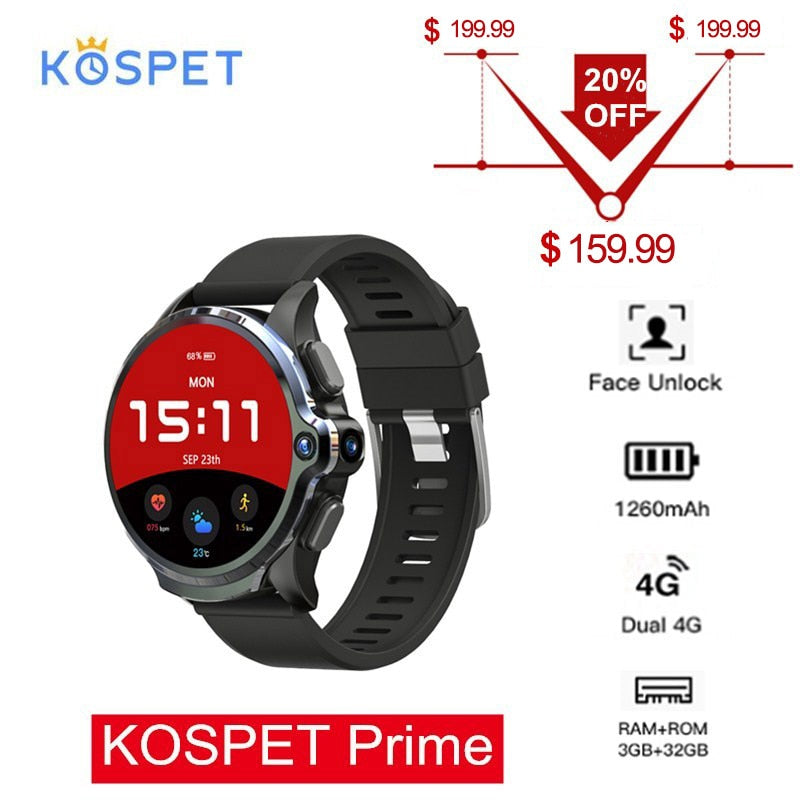 KOSPET Prime 4G Smartwatch Phone 3GB 32GB 1.6'' Sports Smart Watch Men with Dual Cameras GPS 1260mAh Battery Face ID Unlock