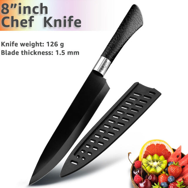 Kitchen Knife 3.5'' 5'' 7'' 8'' Chef 7CR17 440C Non Stick Black Stainless Steel Bread Slicer Utility Santoku knives 6 pieces Set