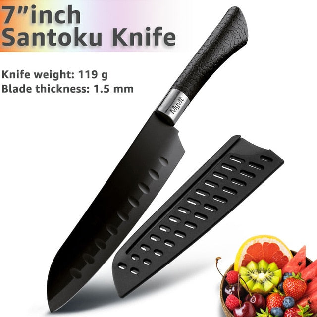 Kitchen Knife 3.5'' 5'' 7'' 8'' Chef 7CR17 440C Non Stick Black Stainless Steel Bread Slicer Utility Santoku knives 6 pieces Set