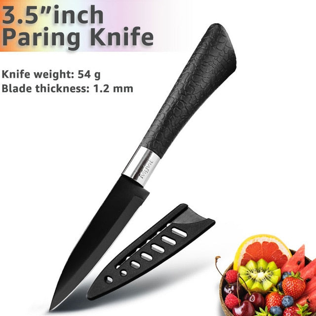 Kitchen Knife 3.5'' 5'' 7'' 8'' Chef 7CR17 440C Non Stick Black Stainless Steel Bread Slicer Utility Santoku knives 6 pieces Set