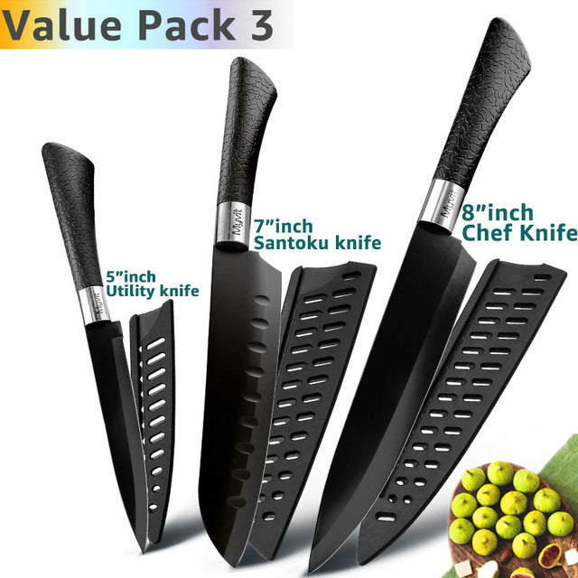 Kitchen Knife 3.5'' 5'' 7'' 8'' Chef 7CR17 440C Non Stick Black Stainless Steel Bread Slicer Utility Santoku knives 6 pieces Set