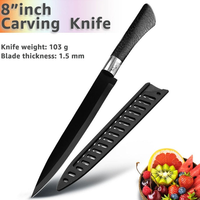 Kitchen Knife 3.5'' 5'' 7'' 8'' Chef 7CR17 440C Non Stick Black Stainless Steel Bread Slicer Utility Santoku knives 6 pieces Set