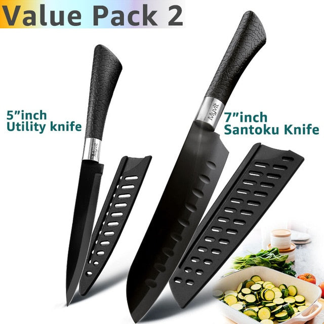 Kitchen Knife 3.5'' 5'' 7'' 8'' Chef 7CR17 440C Non Stick Black Stainless Steel Bread Slicer Utility Santoku knives 6 pieces Set