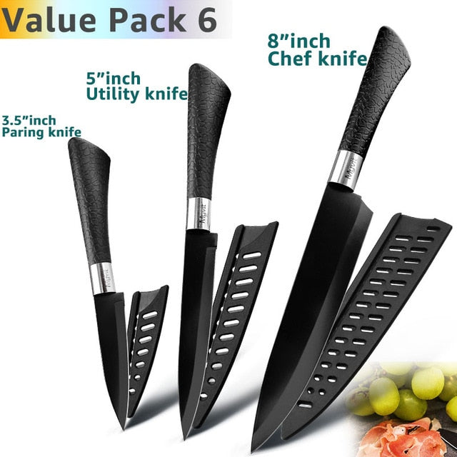 Kitchen Knife 3.5'' 5'' 7'' 8'' Chef 7CR17 440C Non Stick Black Stainless Steel Bread Slicer Utility Santoku knives 6 pieces Set