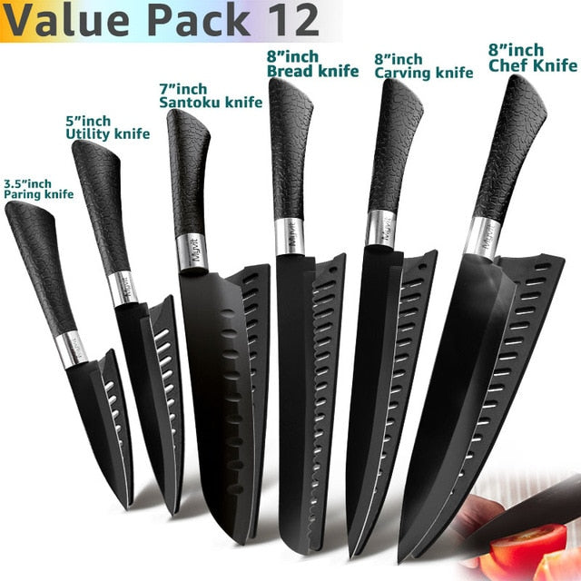 Kitchen Knife 3.5'' 5'' 7'' 8'' Chef 7CR17 440C Non Stick Black Stainless Steel Bread Slicer Utility Santoku knives 6 pieces Set