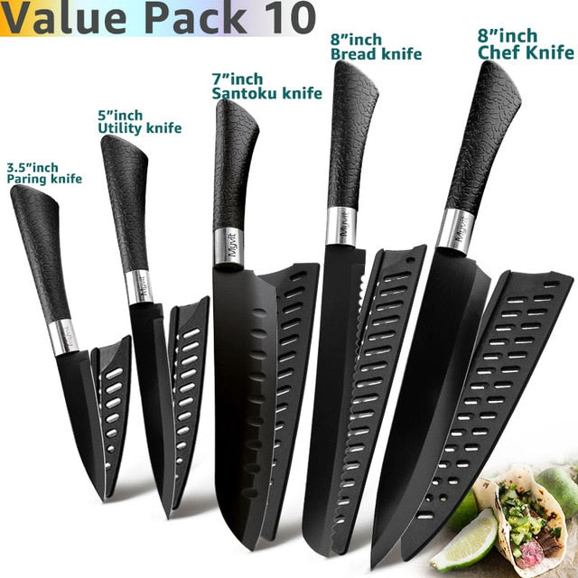 Kitchen Knife 3.5'' 5'' 7'' 8'' Chef 7CR17 440C Non Stick Black Stainless Steel Bread Slicer Utility Santoku knives 6 pieces Set