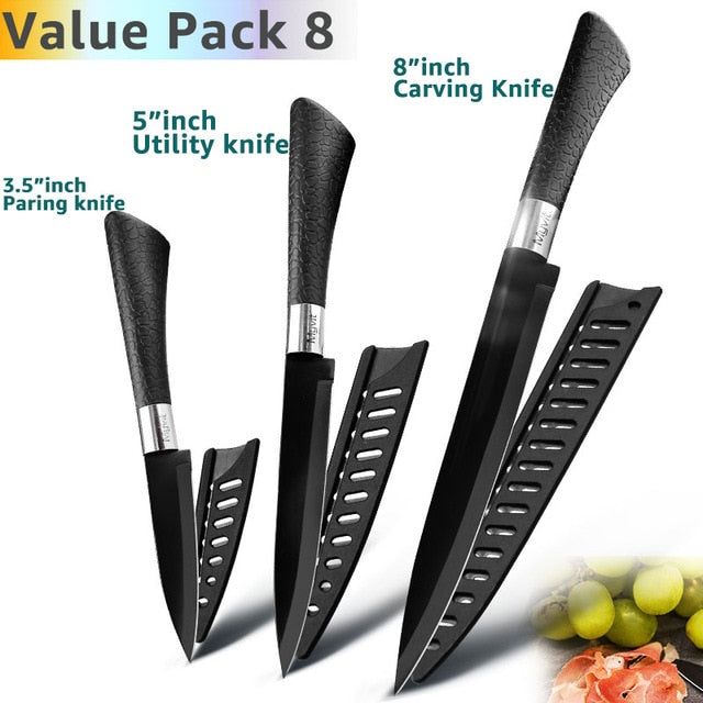 Kitchen Knife 3.5'' 5'' 7'' 8'' Chef 7CR17 440C Non Stick Black Stainless Steel Bread Slicer Utility Santoku knives 6 pieces Set