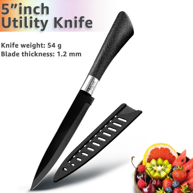 Kitchen Knife 3.5'' 5'' 7'' 8'' Chef 7CR17 440C Non Stick Black Stainless Steel Bread Slicer Utility Santoku knives 6 pieces Set