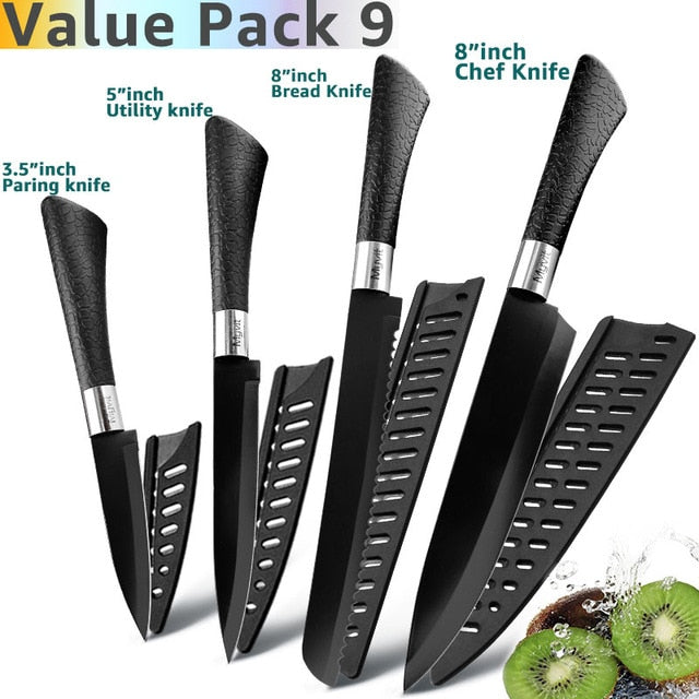 Kitchen Knife 3.5'' 5'' 7'' 8'' Chef 7CR17 440C Non Stick Black Stainless Steel Bread Slicer Utility Santoku knives 6 pieces Set