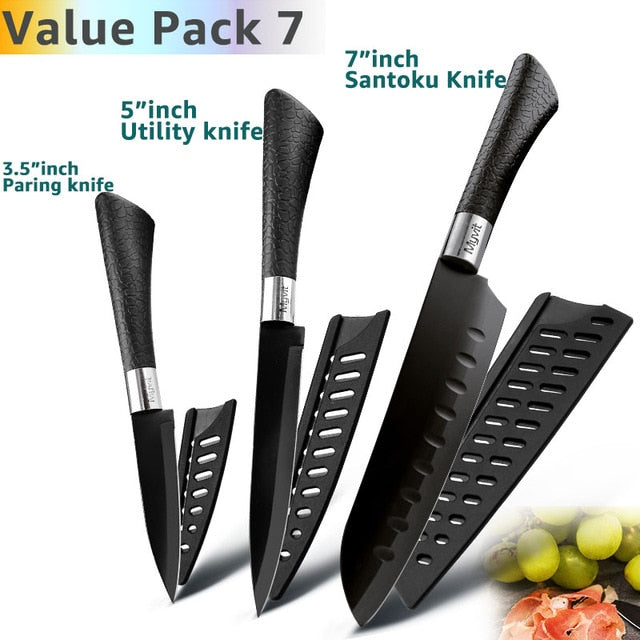 Kitchen Knife 3.5'' 5'' 7'' 8'' Chef 7CR17 440C Non Stick Black Stainless Steel Bread Slicer Utility Santoku knives 6 pieces Set