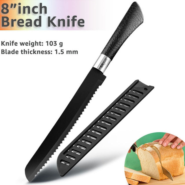 Kitchen Knife 3.5'' 5'' 7'' 8'' Chef 7CR17 440C Non Stick Black Stainless Steel Bread Slicer Utility Santoku knives 6 pieces Set