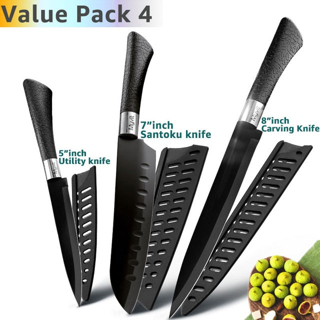 Kitchen Knife 3.5'' 5'' 7'' 8'' Chef 7CR17 440C Non Stick Black Stainless Steel Bread Slicer Utility Santoku knives 6 pieces Set