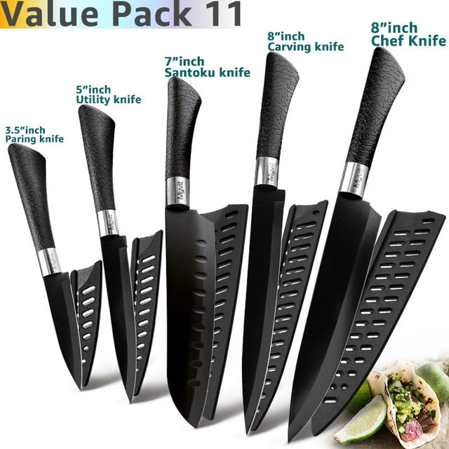 Kitchen Knife 3.5'' 5'' 7'' 8'' Chef 7CR17 440C Non Stick Black Stainless Steel Bread Slicer Utility Santoku knives 6 pieces Set