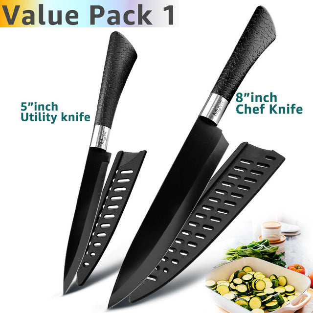 Kitchen Knife 3.5'' 5'' 7'' 8'' Chef 7CR17 440C Non Stick Black Stainless Steel Bread Slicer Utility Santoku knives 6 pieces Set