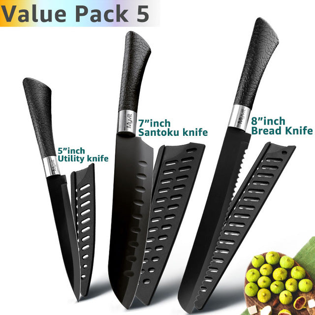 Kitchen Knife 3.5'' 5'' 7'' 8'' Chef 7CR17 440C Non Stick Black Stainless Steel Bread Slicer Utility Santoku knives 6 pieces Set