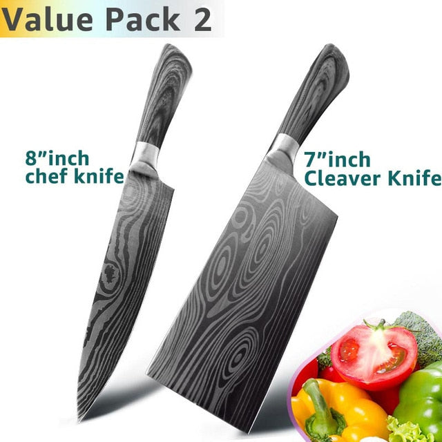 Kitchen Knife 5 7 8 inch 7Cr17 440C Stainless Steel Utility Cleaver Chef Knife Damascus Drawing Meat Santoku Cooking Tool Set