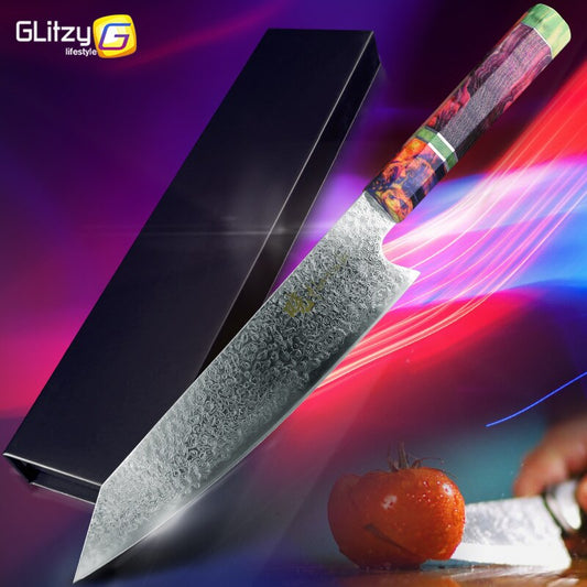 Kitchen Knife 8 Inch Damascus 67 Layers VG10 Core Chef Knife Japanese Damascus Steel Santoku Cleaver Stabilized Wooden Handle
