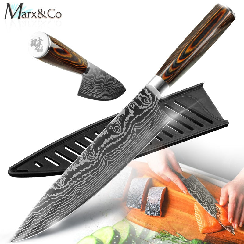 Kitchen Knife 8 Inch Japanese Chef Knives 7CR17 440C Stainless Steel Set Laser Damascus Drawing Slicer Meat Santoku Cleaver Tool