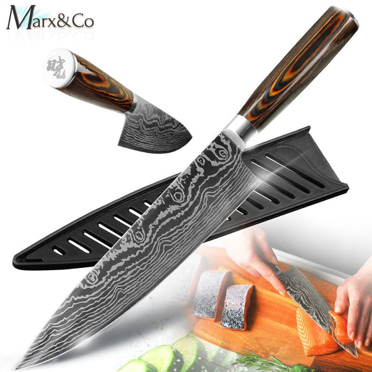 Kitchen Knife 8 Inch Japanese Chef Knives 7CR17 440C Stainless Steel Set Laser Damascus Drawing Slicer Meat Santoku Cleaver Tool