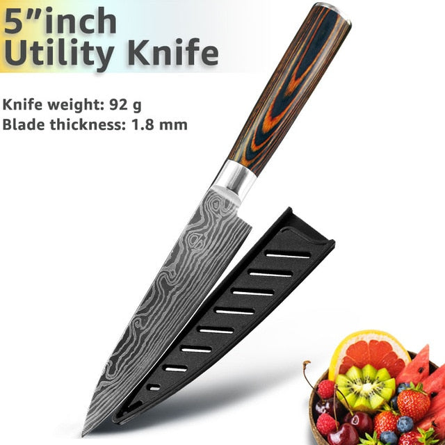 Kitchen Knife 8 Inch Japanese Chef Knives 7CR17 440C Stainless Steel Set Laser Damascus Drawing Slicer Meat Santoku Cleaver Tool