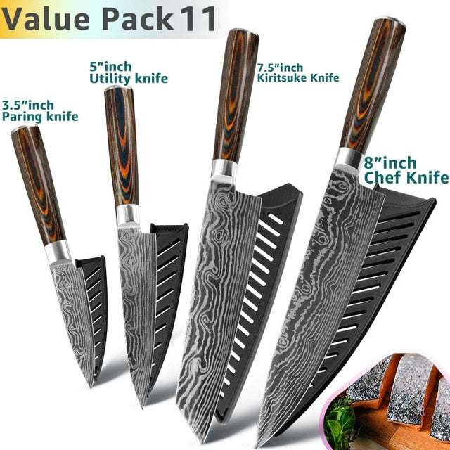 Kitchen Knife 8 Inch Japanese Chef Knives 7CR17 440C Stainless Steel Set Laser Damascus Drawing Slicer Meat Santoku Cleaver Tool