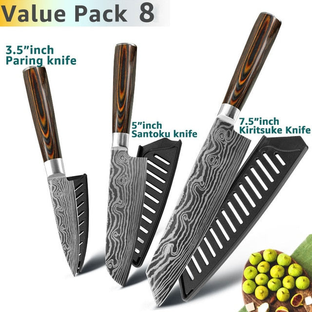 Kitchen Knife 8 Inch Japanese Chef Knives 7CR17 440C Stainless Steel Set Laser Damascus Drawing Slicer Meat Santoku Cleaver Tool