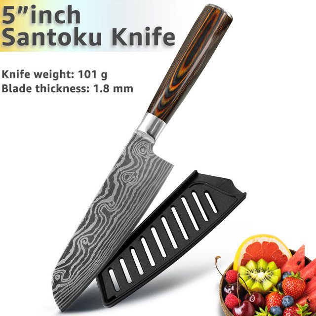 Kitchen Knife 8 Inch Japanese Chef Knives 7CR17 440C Stainless Steel Set Laser Damascus Drawing Slicer Meat Santoku Cleaver Tool