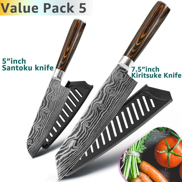Kitchen Knife 8 Inch Japanese Chef Knives 7CR17 440C Stainless Steel Set Laser Damascus Drawing Slicer Meat Santoku Cleaver Tool