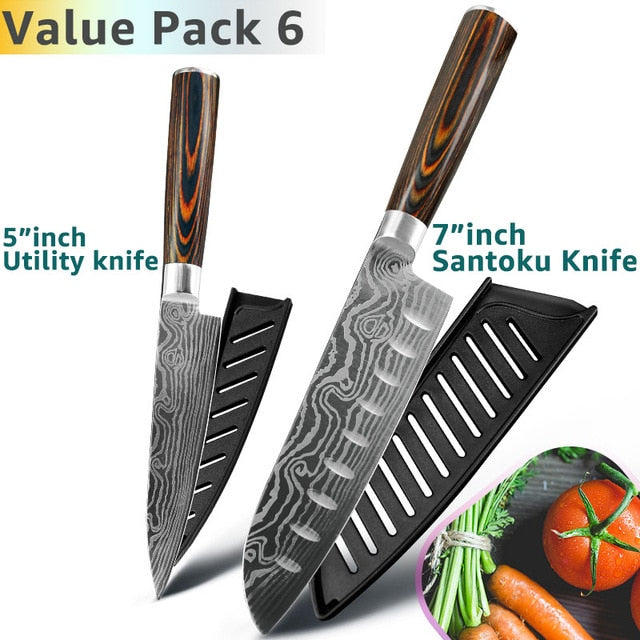Kitchen Knife 8 Inch Japanese Chef Knives 7CR17 440C Stainless Steel Set Laser Damascus Drawing Slicer Meat Santoku Cleaver Tool
