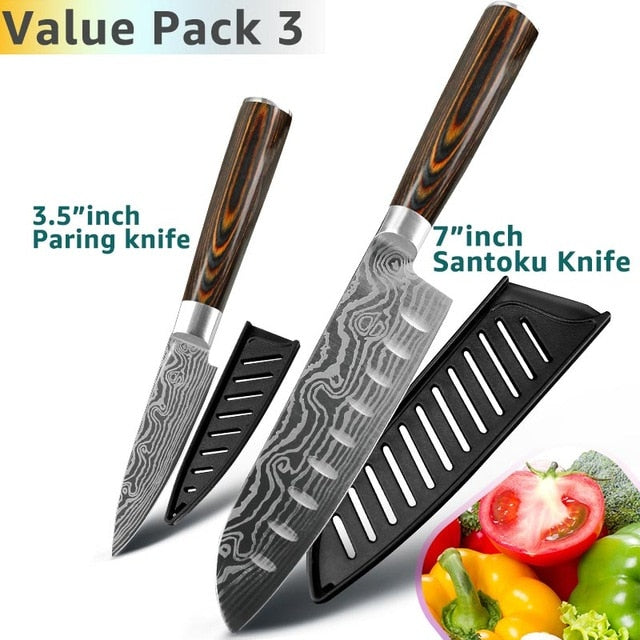 Kitchen Knife 8 Inch Japanese Chef Knives 7CR17 440C Stainless Steel Set Laser Damascus Drawing Slicer Meat Santoku Cleaver Tool