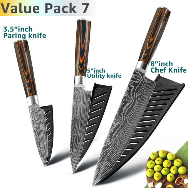 Kitchen Knife 8 Inch Japanese Chef Knives 7CR17 440C Stainless Steel Set Laser Damascus Drawing Slicer Meat Santoku Cleaver Tool