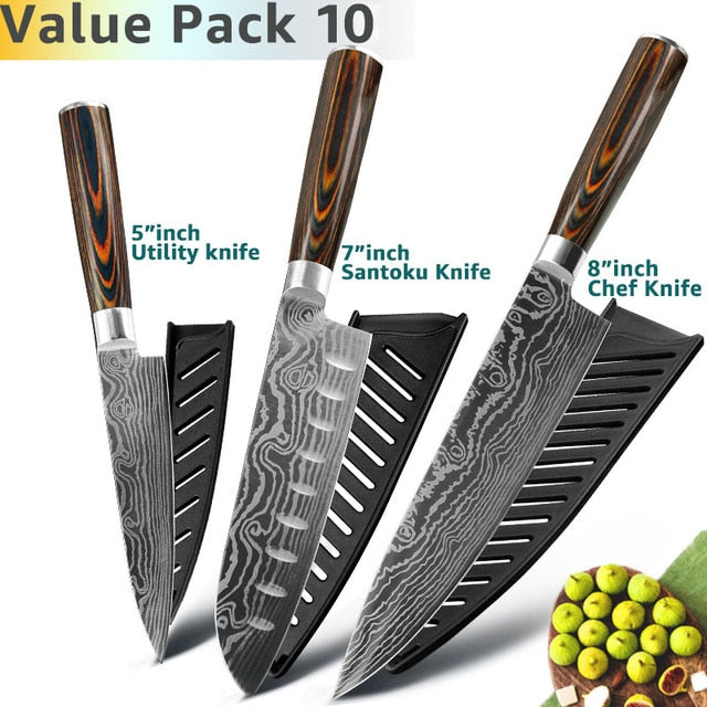 Kitchen Knife 8 Inch Japanese Chef Knives 7CR17 440C Stainless Steel Set Laser Damascus Drawing Slicer Meat Santoku Cleaver Tool