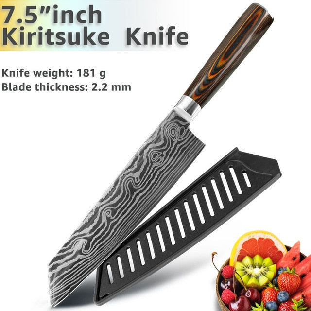 Kitchen Knife 8 Inch Japanese Chef Knives 7CR17 440C Stainless Steel Set Laser Damascus Drawing Slicer Meat Santoku Cleaver Tool