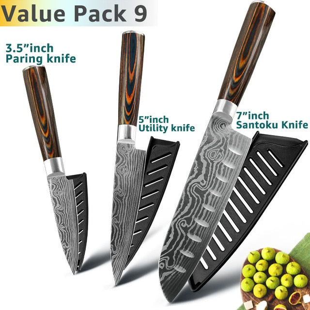 Kitchen Knife 8 Inch Japanese Chef Knives 7CR17 440C Stainless Steel Set Laser Damascus Drawing Slicer Meat Santoku Cleaver Tool