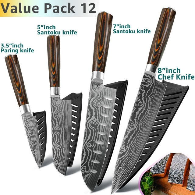 Kitchen Knife 8 Inch Japanese Chef Knives 7CR17 440C Stainless Steel Set Laser Damascus Drawing Slicer Meat Santoku Cleaver Tool