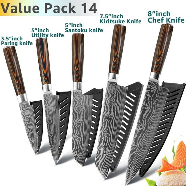 Kitchen Knife 8 Inch Japanese Chef Knives 7CR17 440C Stainless Steel Set Laser Damascus Drawing Slicer Meat Santoku Cleaver Tool