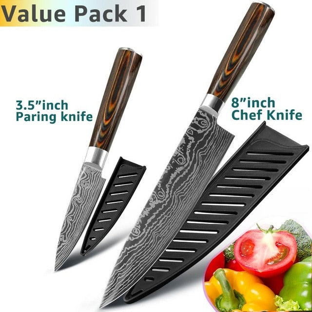 Kitchen Knife 8 Inch Japanese Chef Knives 7CR17 440C Stainless Steel Set Laser Damascus Drawing Slicer Meat Santoku Cleaver Tool