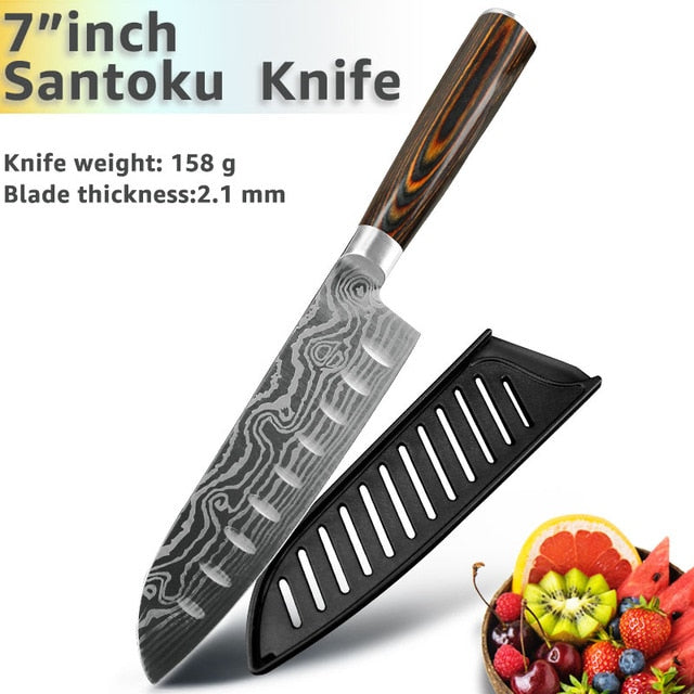 Kitchen Knife 8 Inch Japanese Chef Knives 7CR17 440C Stainless Steel Set Laser Damascus Drawing Slicer Meat Santoku Cleaver Tool