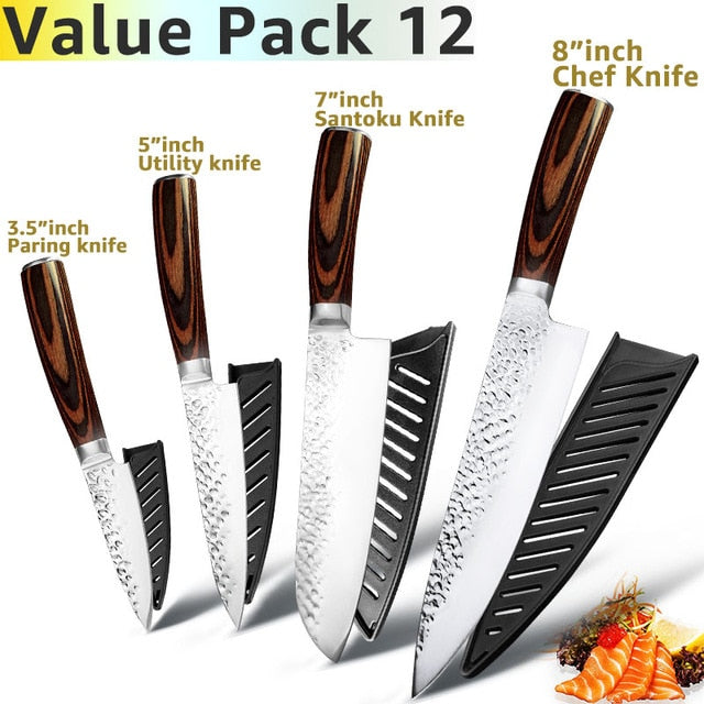Kitchen Knife 8 inch Professional Japanese Chef Knives 7CR17 440C Stainless Steel Full Tang Meat Cleaver Slicer Santoku Set