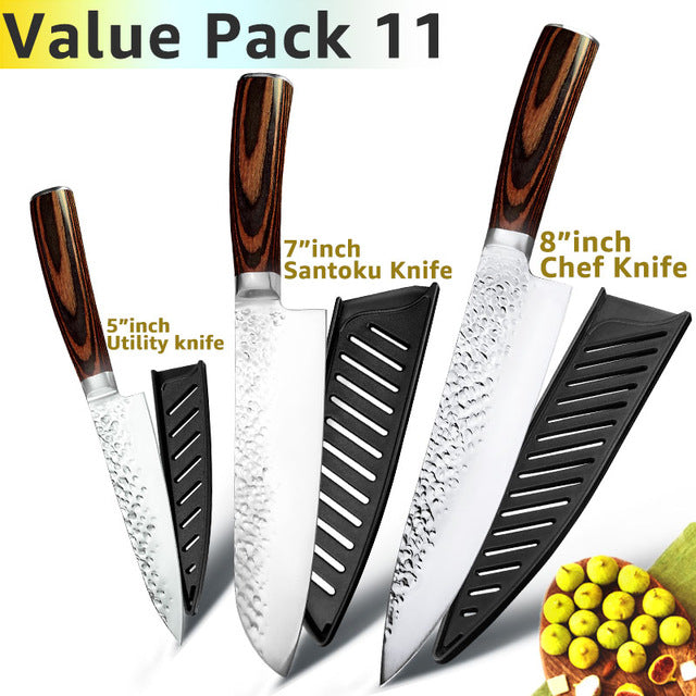 Kitchen Knife 8 inch Professional Japanese Chef Knives 7CR17 440C Stainless Steel Full Tang Meat Cleaver Slicer Santoku Set