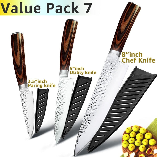 Kitchen Knife 8 inch Professional Japanese Chef Knives 7CR17 440C Stainless Steel Full Tang Meat Cleaver Slicer Santoku Set