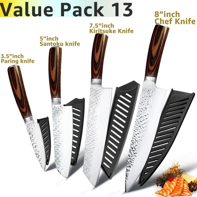 Kitchen Knife 8 inch Professional Japanese Chef Knives 7CR17 440C Stainless Steel Full Tang Meat Cleaver Slicer Santoku Set