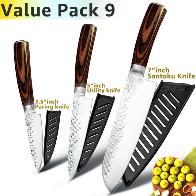 Kitchen Knife 8 inch Professional Japanese Chef Knives 7CR17 440C Stainless Steel Full Tang Meat Cleaver Slicer Santoku Set